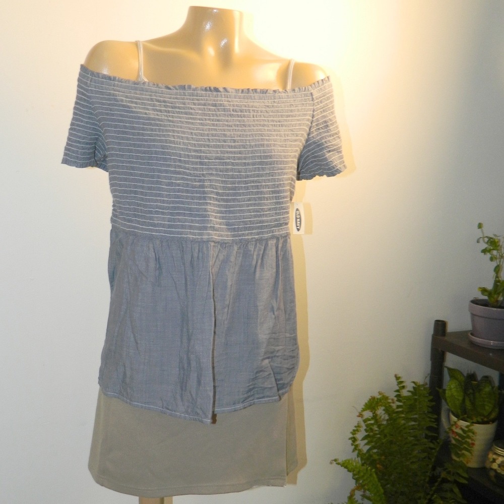 Old Navy Smocked Peplum Top Women XL Blue Striped Off Shoulder Short Sleeve New
